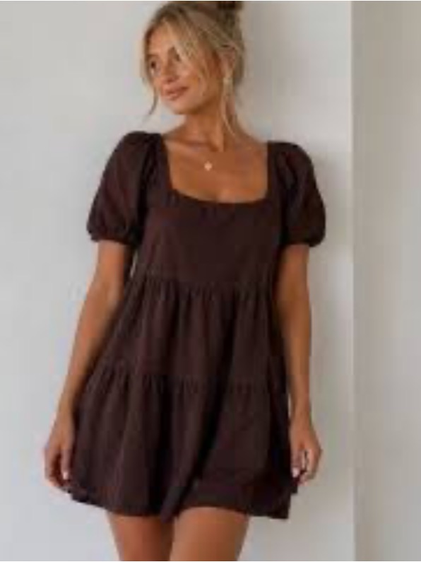 House Of Harlow Babydoll Linen Tiered Brown Puff Sleeve Square Neck Dress L
